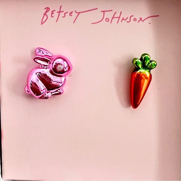 New Betsey Johnson Faux Stone Spring Bunny Carrot Mismatch Stud Earrings - Picture 8 of 9